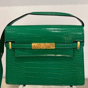 Bright Green Leather Croco Print Shoulder Bag Gold Hardware 10”x8”x3”